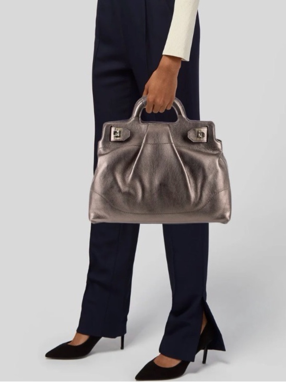 Salvatore Ferragamo Wanda Metallic Pewter Leather Tote Handbag-w/Box and Dust Ba